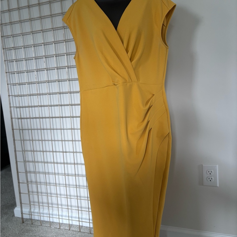 New York & Company Yellow Ruched Wrap Midi Dress